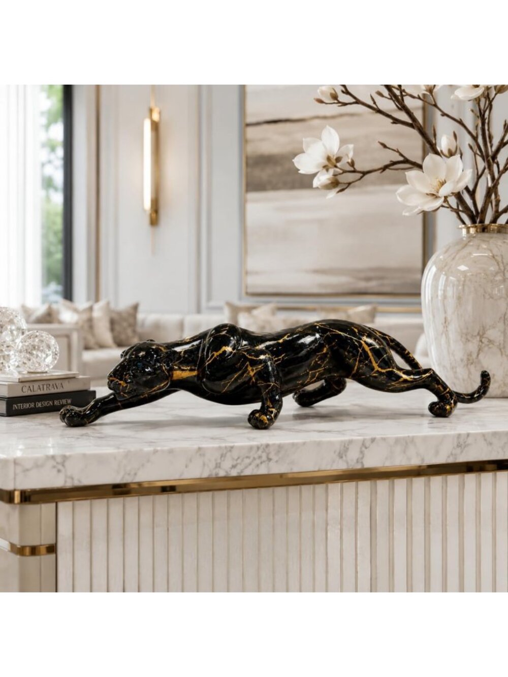 Elegant Black Panther Statue - 15.4" Animal Sculpture for Home Decor, Office